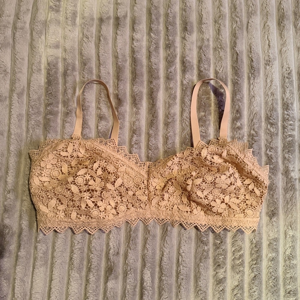 Aerie Tan Floral Lace Wireless Bralette Scalloped Trim XL Nude Boho Intimates